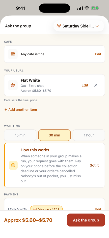 The BeanRun 'Ask the group' screen: your usual pre-filled, how long you can wait, which cafes it can come from, and payment that happens automatically when someone heads out for you.