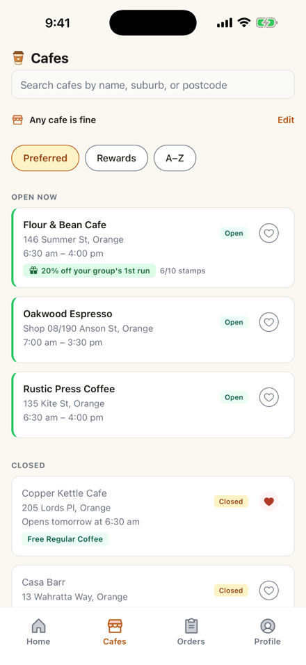 The BeanRun cafe dashboard on a phone — incoming orders with accept and reject, during the rush.