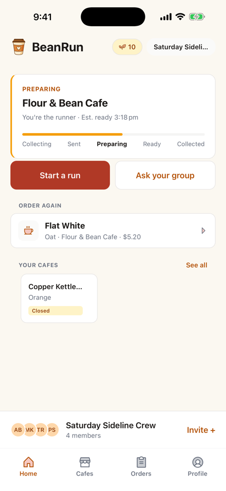 The BeanRun home screen — a mid-morning greeting, your usual order ready to reorder, and your local cafes.