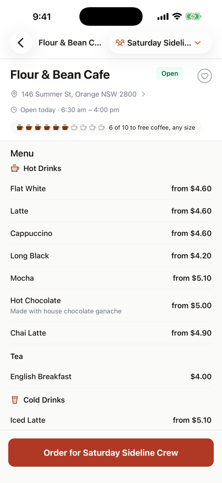 Joining a workmate's coffee run — your usual pre-filled, see who's already in, one tap to add your order.