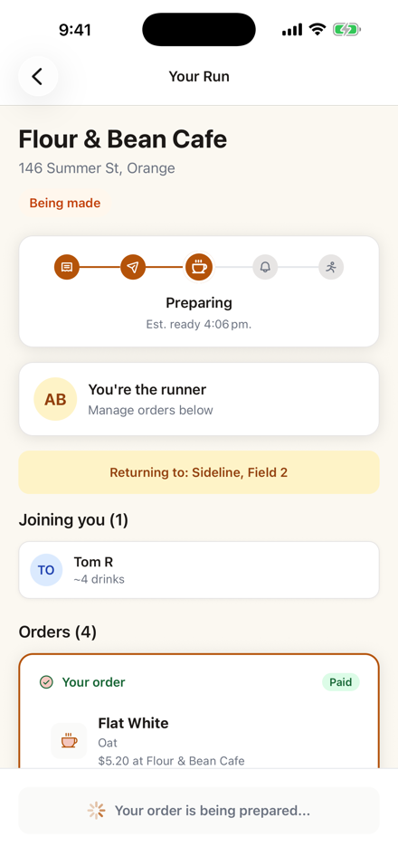 Your coffee's ready — the runner has picked up the run and is bringing it back to the group.