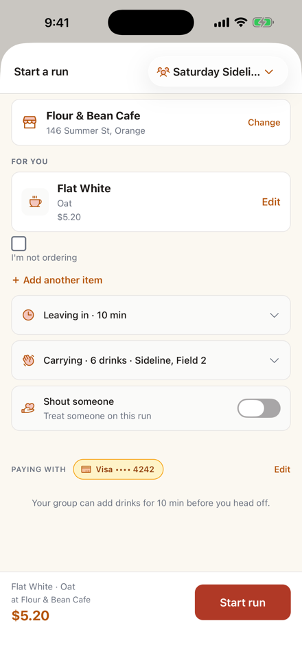 The BeanRun 'start a run' screen — pick a cafe, your drink, and a cutoff time.